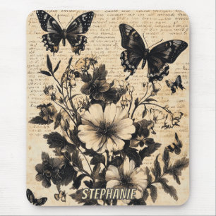 Vintage Black White Butterfly Wildflower Parchment Mouse Pad