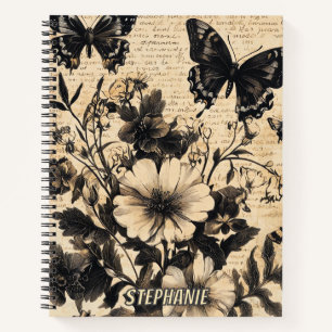 Vintage Black White Butterfly Wildflower Parchment Notebook