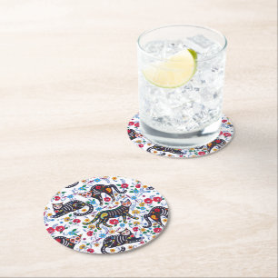 Vintage Black White Cats Halloween Gothic Floral Round Paper Coaster