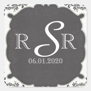 Vintage Black White Chalkboard Wedding Monogram Square Sticker