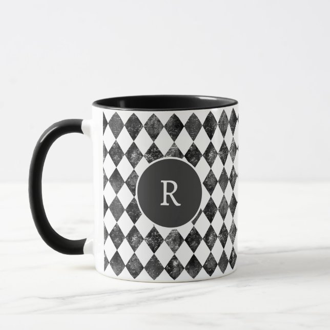 vintage black &white chequerboard monogram mug (Left)