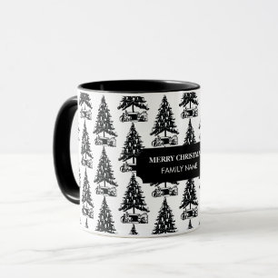 Vintage Black White Christmas Tree Custom Name Mug