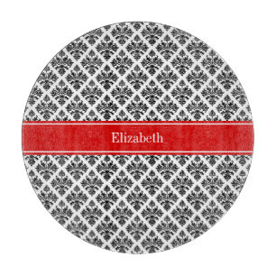 Vintage Black White Damask #3 Red Name Monogram Cutting Board