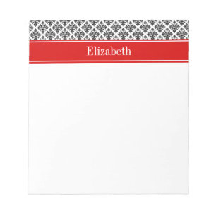 Vintage Black White Damask #3 Red Name Monogram Notepad
