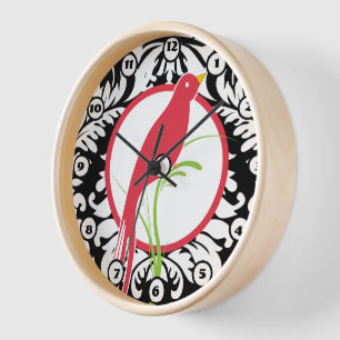 Vintage Black White Damask and Red Bird Clock