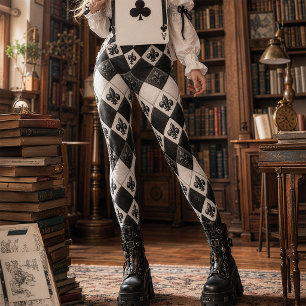Vintage Black White Diamond Fleur De Lis Harlequin Leggings