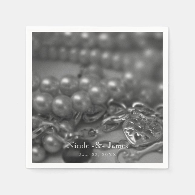 Vintage Black & White Elegant Pearls Wedding Napkin (Front)