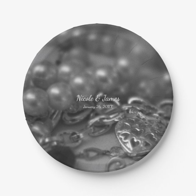 Vintage Black & White Elegant Pearls Wedding Paper Plate (Front)