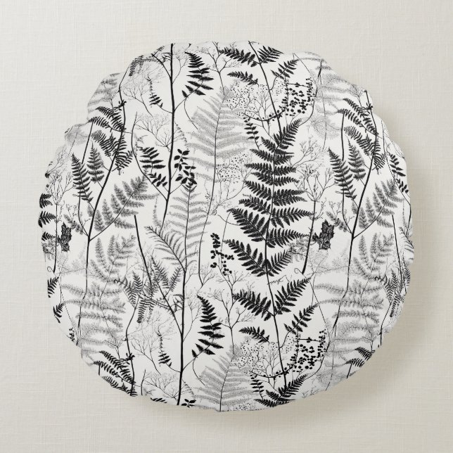 Vintage black white fern pattern round pillow (Front)