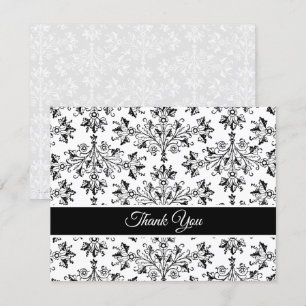 Vintage Black White Floral Damask Thank You Card