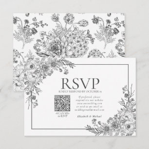 Vintage Black & White Floral Line Art QR Code RSVP
