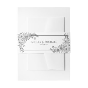 Vintage Black & White Floral Line Art Wedding Invitation Belly Band