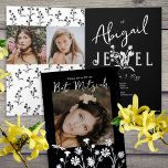 Vintage Black & White Floral Photo Bat Mitzvah Foil Greeting Card<br><div class="desc">Vintage black bat mitzvah invitation with beautiful white typography has silver foil wild flowers that you can move and resize with your Photo. Lettering inside the card has flowers as a part of the letters, which can be colour changed and resized as well. Easily change the background colour on this...</div>