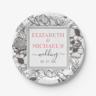 Vintage Black White Floral Wedding Square Frame Paper Plate