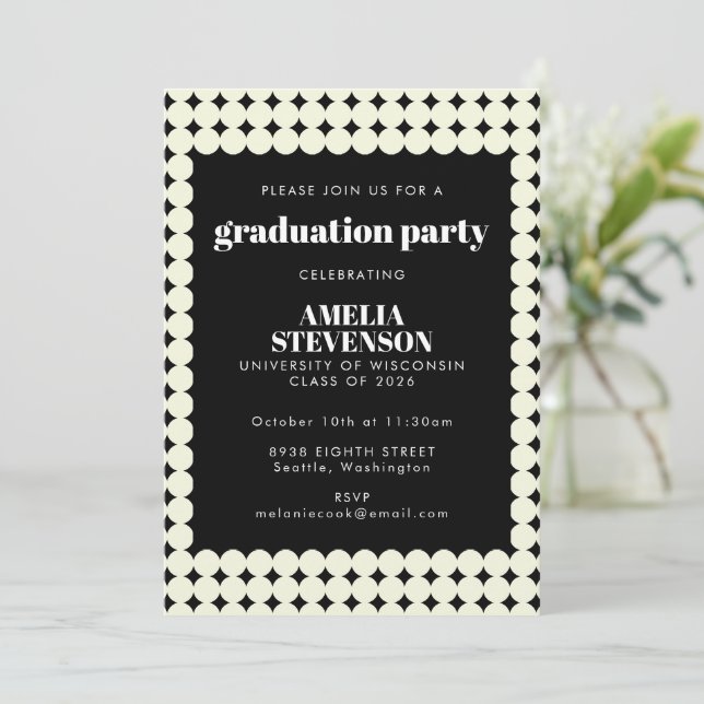 Vintage Black White Geometric Dot Graduation Party Invitation (Standing Front)