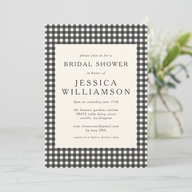 Vintage Black White Gingham Plaid Bridal Shower  Invitation (Standing Front)