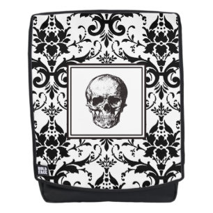 Vintage Black & White Gothic Damask Pattern Skull Backpack