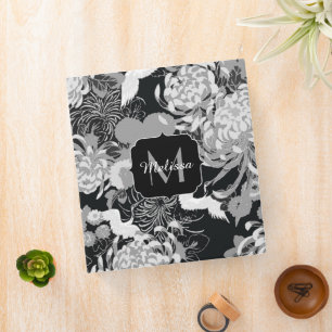 Vintage black white grey flowers birds Monogram Binder