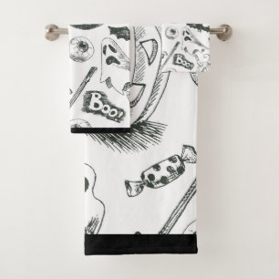 Vintage Black & White Halloween Pattern Bath Towel Set