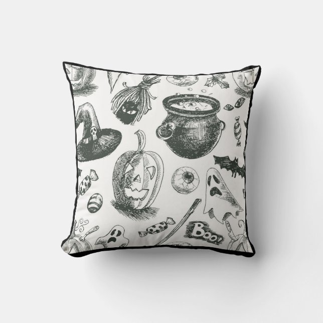 Vintage Black & White Halloween Pattern Throw Pillow (Front)