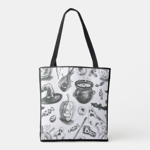 Vintage Black & White Halloween Pattern Tote Bag