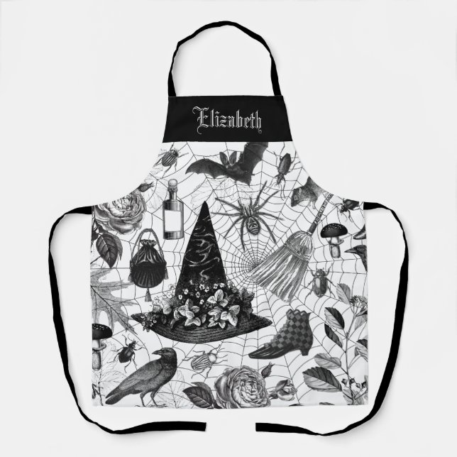 Vintage Black White Halloween Witch Apron (Front)