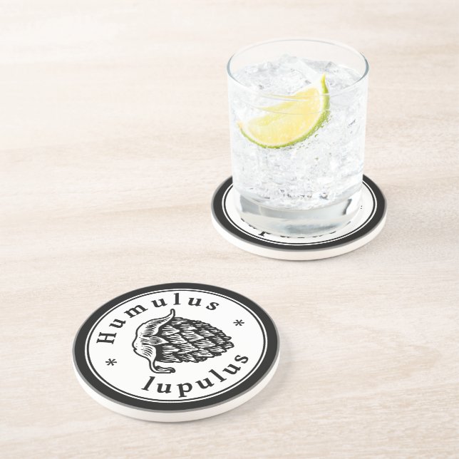 Vintage Black White Hop Beer Ink Art Style Coaster (Side)