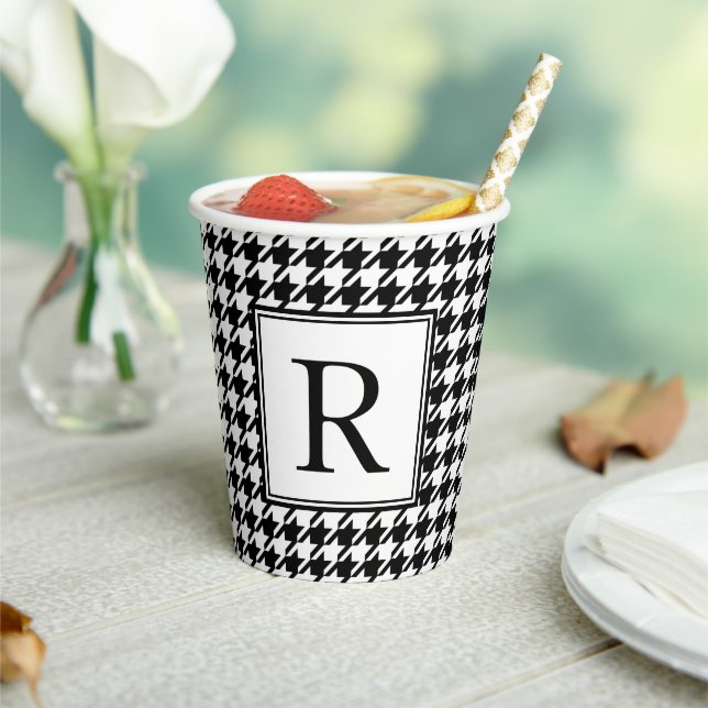 Vintage Black White Houndstooth Monogram Paper Cups (Insitu)