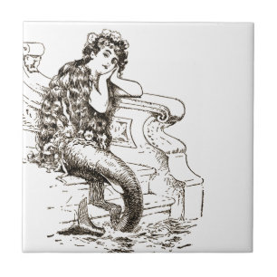 Vintage Black White Mermaid Drawing Tile