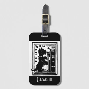 Vintage Black White Monogram Dog Bookplate Luggage Tag