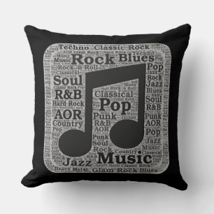 Vintage Black & White Music Genres Throw Pillow