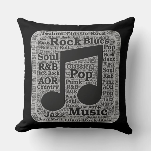 Vintage Black & White Music Genres Throw Pillow (Front)