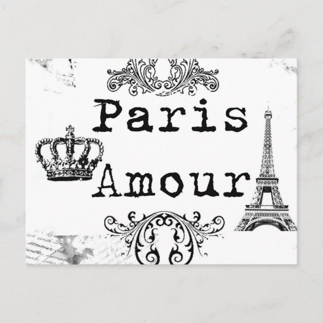 Vintage Black White Paris Amour Eiffel Tower Postcard (Front)