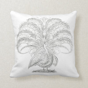 Vintage black white peacock drawing throw pillow