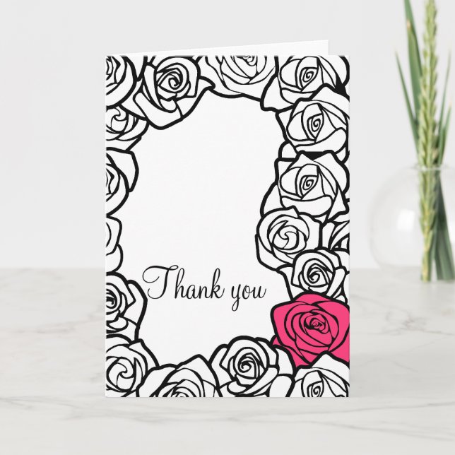 Vintage black white pink roses Thank You Card (Front)