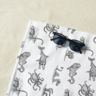 Vintage Black & White Sea Monster Line Art Beach Towel