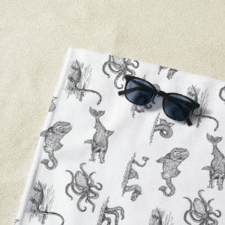 Vintage Black & White Sea Monster Line Art Beach Towel