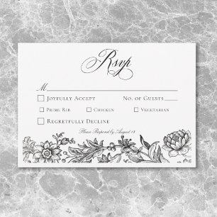 Vintage Black & White Tapestry Floral Wedding RSVP Card