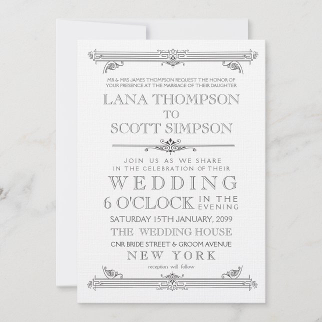 Vintage Black & White Typography Wedding Invite (Front)