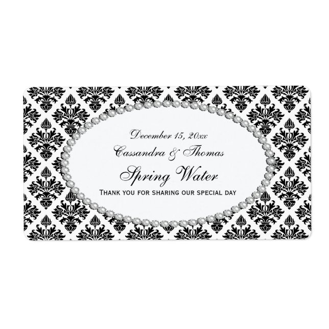Vintage Black Wht Damask Pearl H Water Label (Front)