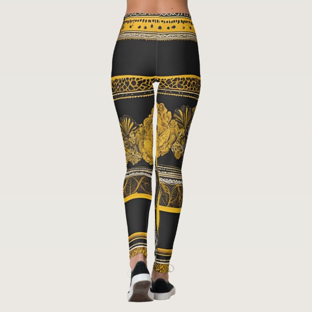 Vintage black & yellow Sunflower AI art  Leggings (Back)