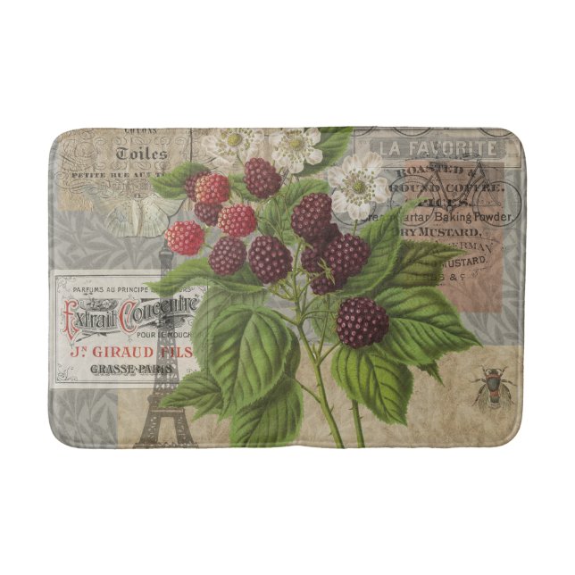 Vintage Blackberries & French Ephemera Art Collage Bath Mat (Front)