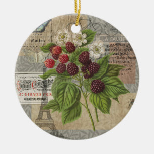 Vintage Blackberries & French Ephemera Art Collage Ceramic Ornament