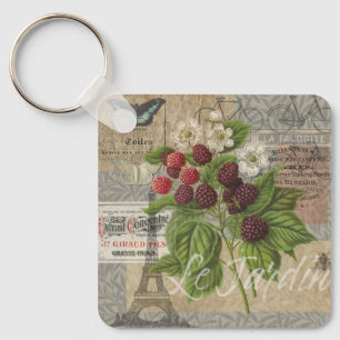 Vintage Blackberries & French Ephemera Art Collage Keychain
