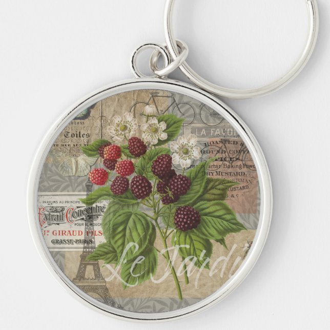 Vintage Blackberries & French Ephemera Art Collage Keychain (Front)