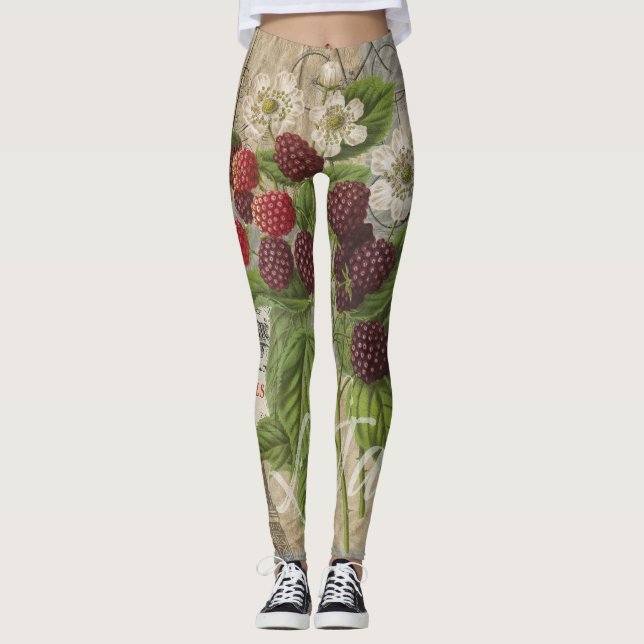 Vintage Blackberries & French Ephemera Art Collage Leggings (Front)