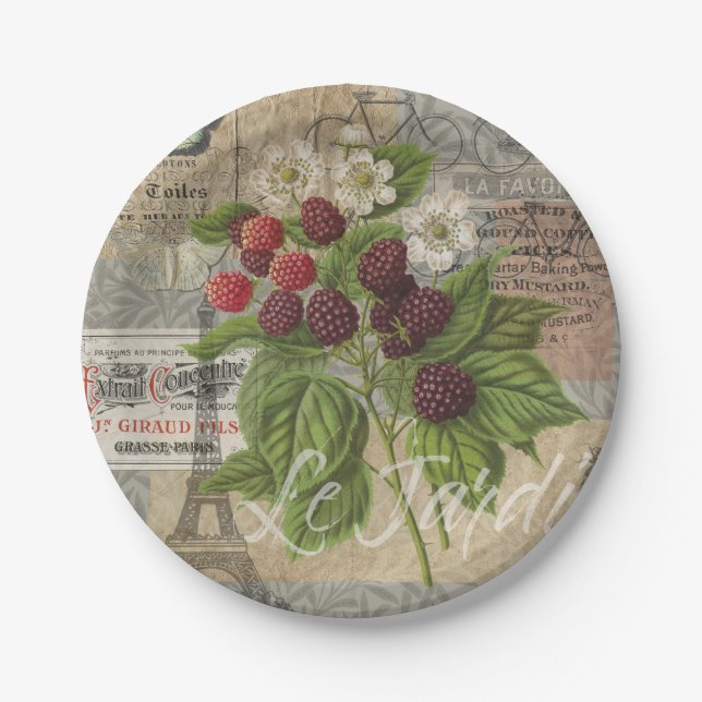 Vintage Blackberries & French Ephemera Art Collage Paper Plate (Front)