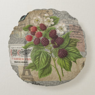 Vintage Blackberries & French Ephemera Art Collage Round Pillow
