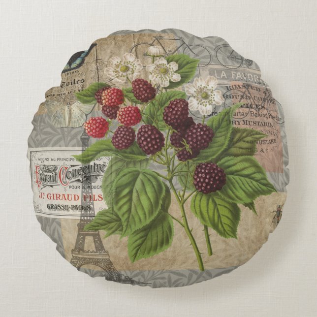 Vintage Blackberries & French Ephemera Art Collage Round Pillow (Front)