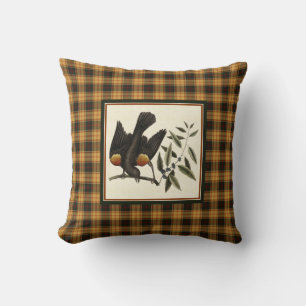 Vintage Blackbird with Rustic Fall Plaid Throw Pillow